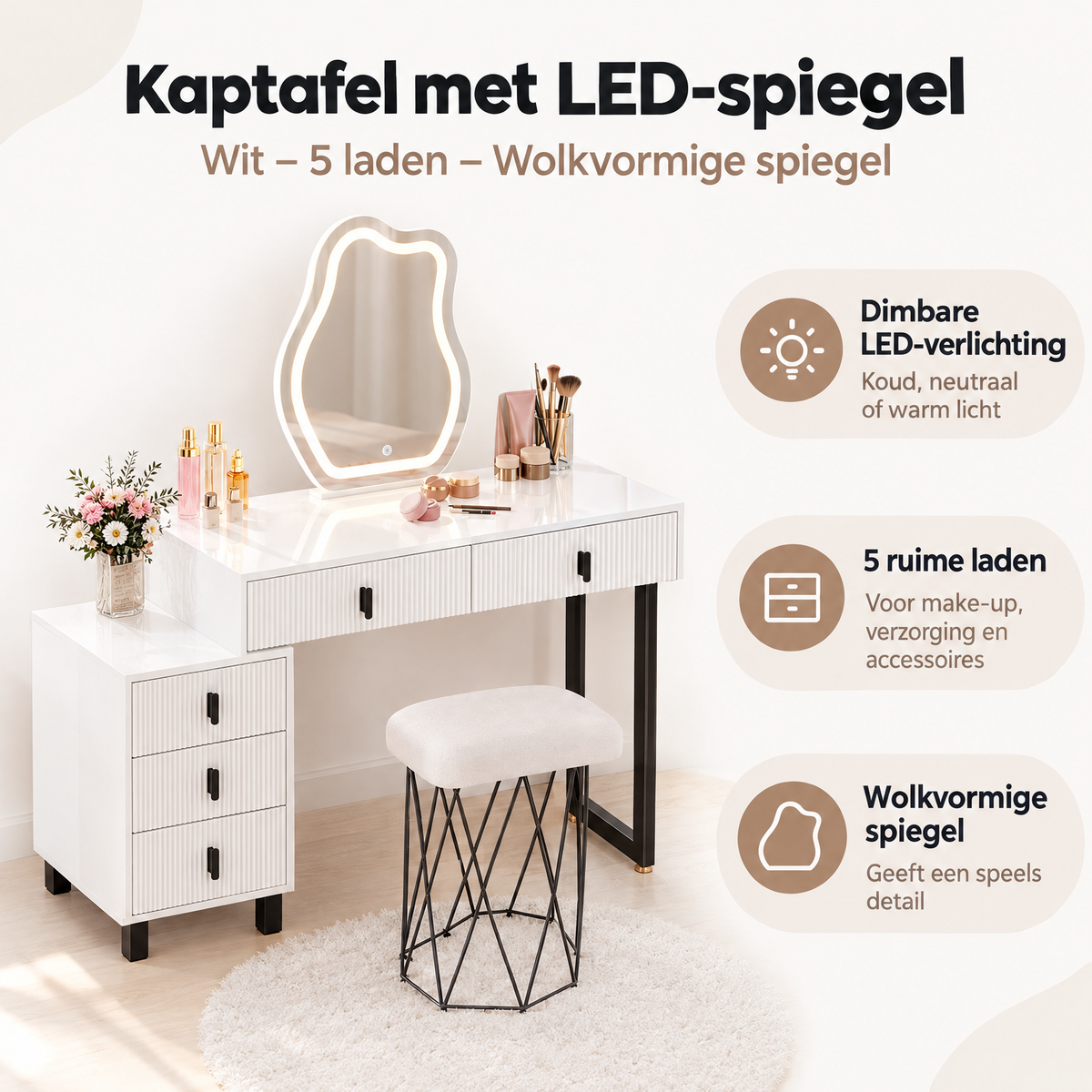 Belangrijkste voordelen en eigenschappen van kaptafel met LED-spiegel