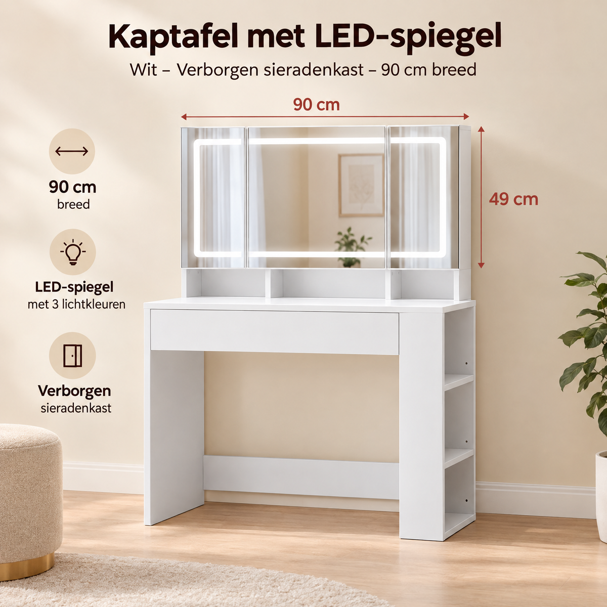 Afmetingen en productspecificaties van kaptafel met led spiegel