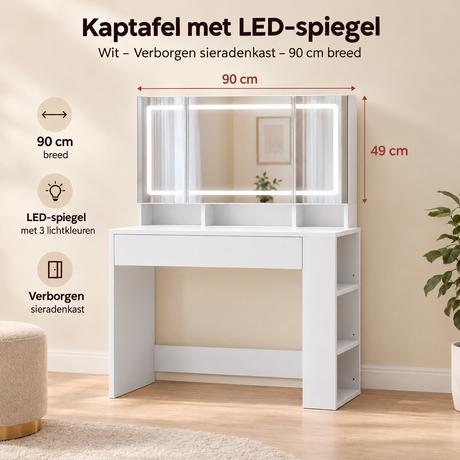 Afmetingen en productspecificaties van kaptafel met led spiegel
