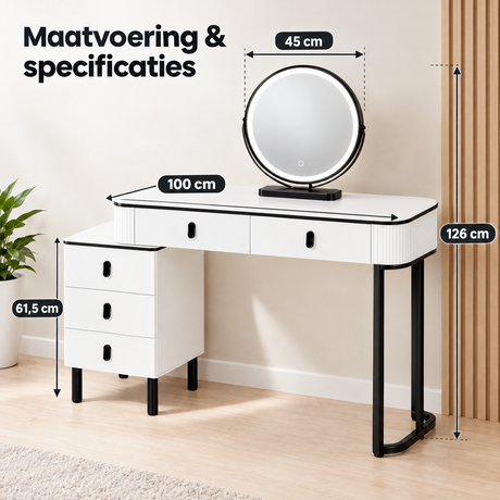 Afmetingen en productspecificaties van kaptafel met led spiegel