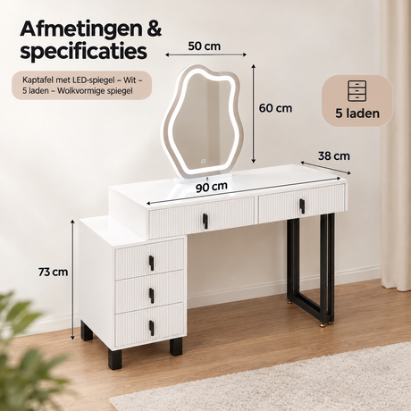 Afmetingen en productspecificaties van kaptafel met LED-spiegel