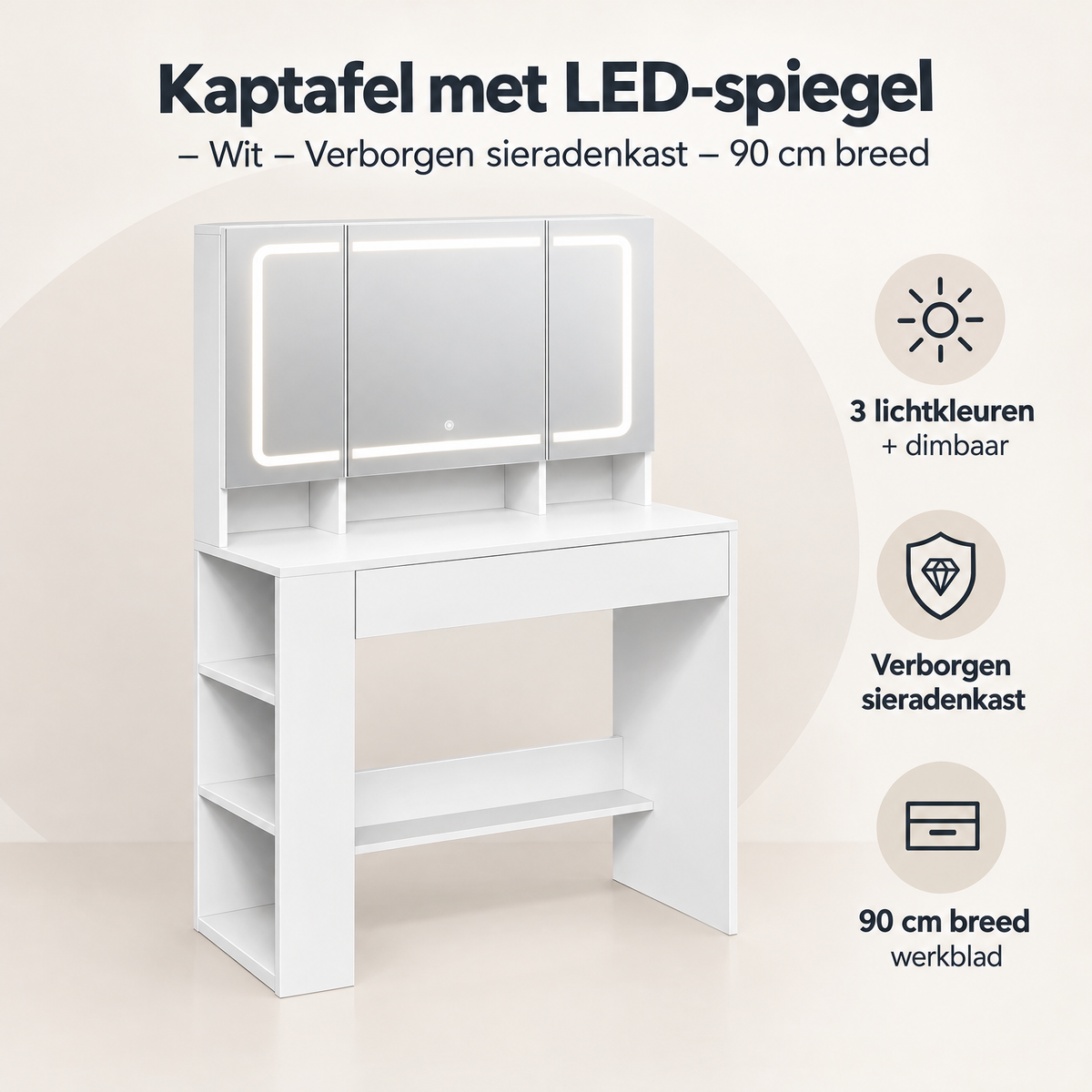 Overzicht van kaptafel met led spiegel met de belangrijkste productvoordelen