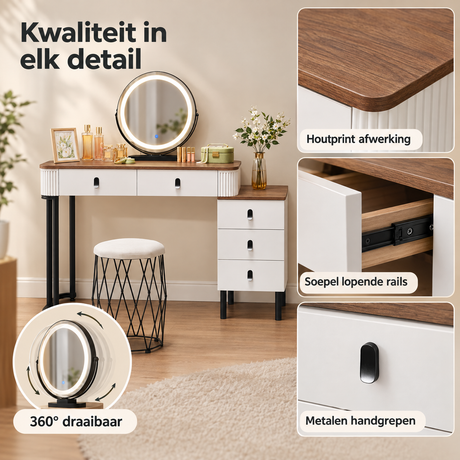 Detail van materiaal en afwerking van kaptafel met LED-verlichting