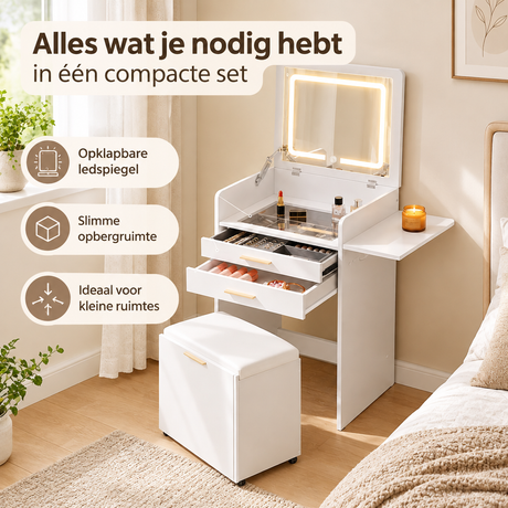 Praktische toepassing en keuzehulp voor kaptafel met ledspiegel