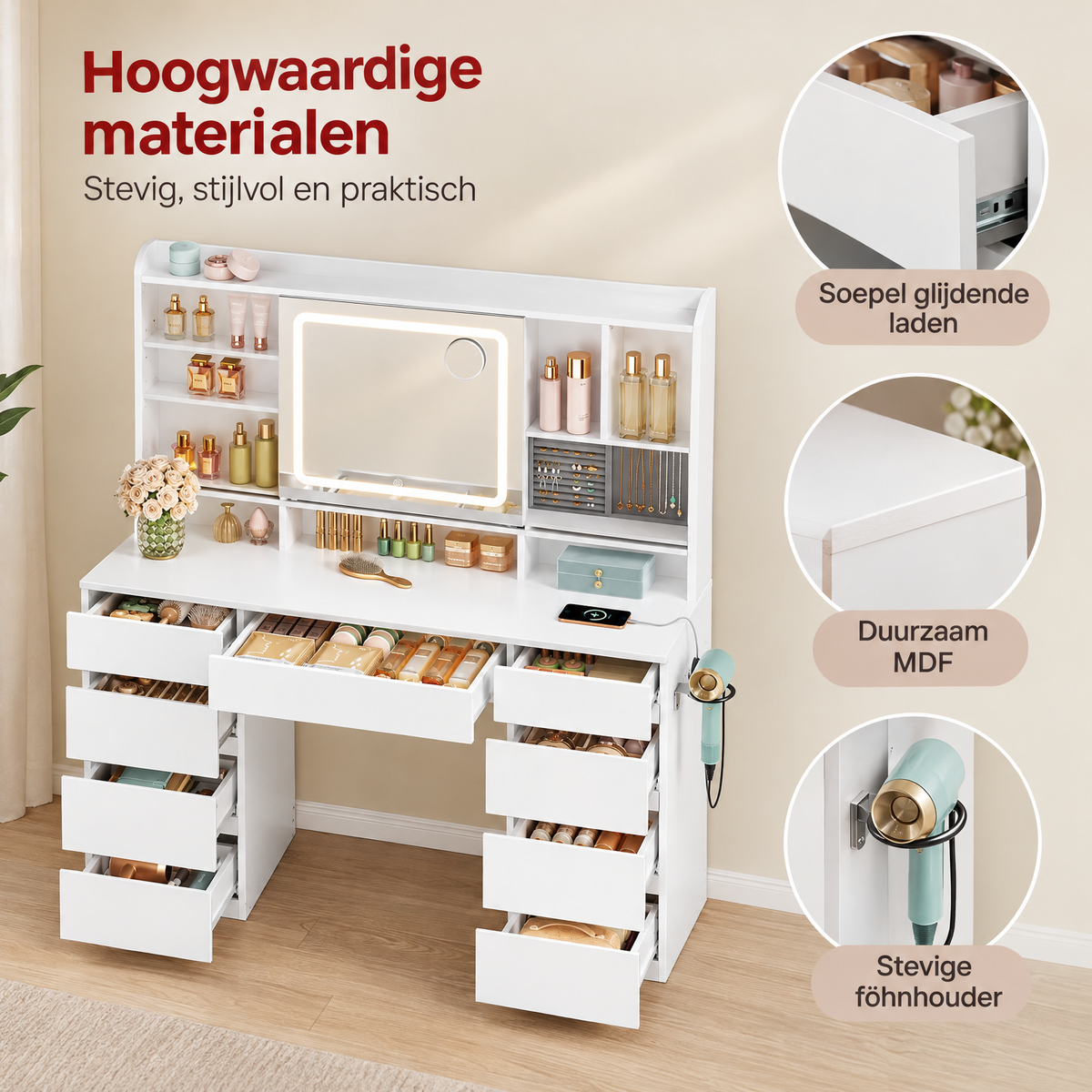 Detail van materiaal en afwerking van kaptafel met schuifspiegel