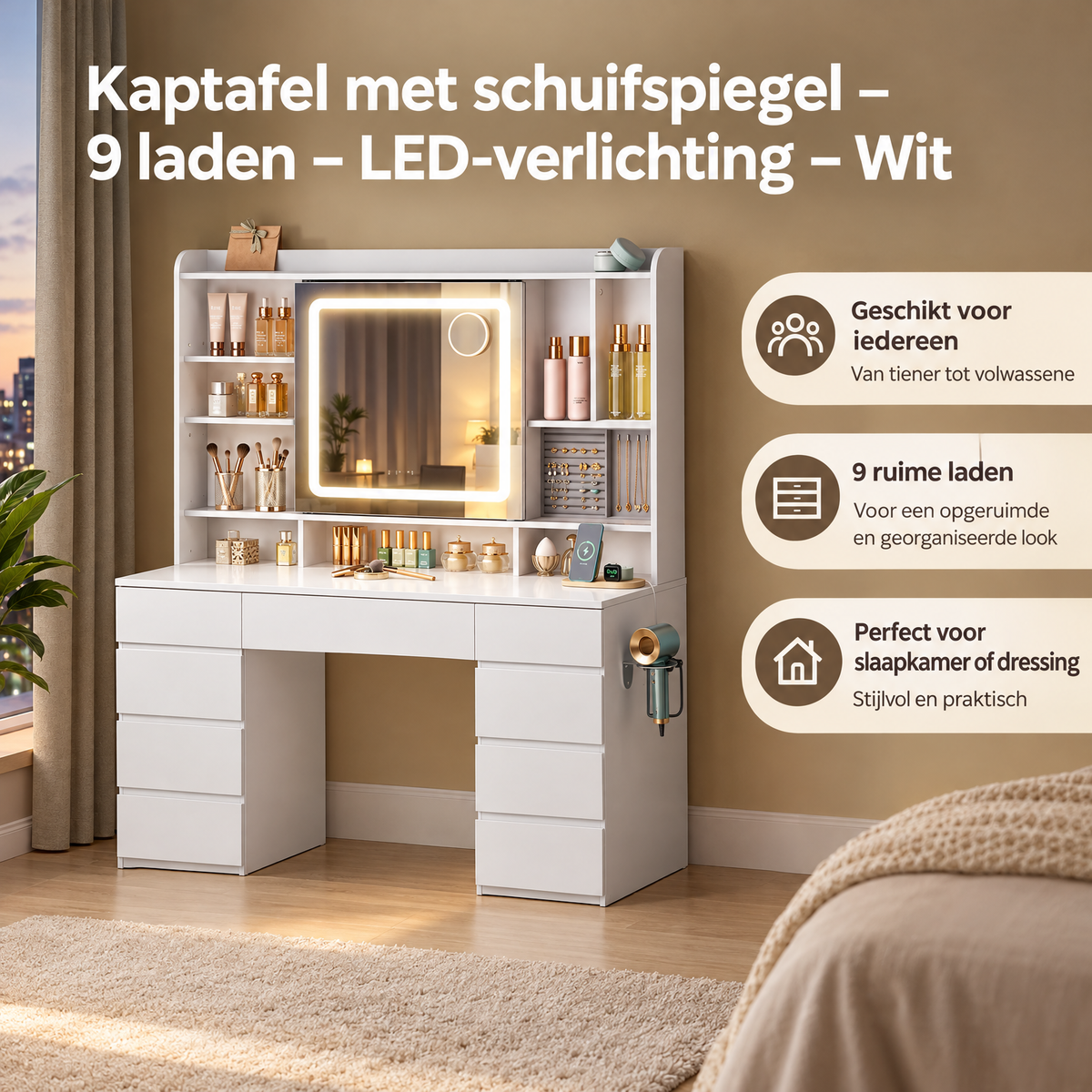 Praktische toepassing en keuzehulp voor kaptafel met schuifspiegel
