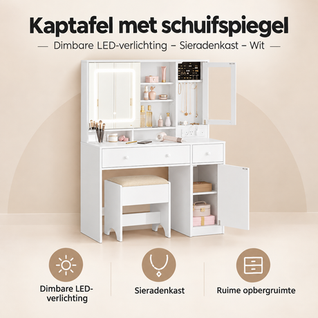 Overzicht van kaptafel met schuifspiegel met de belangrijkste productvoordelen