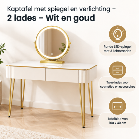 Witte BukkitBow kaptafel met spiegel, verlichting en twee lades, elegant meubelstuk voor make-up en haarstyling.