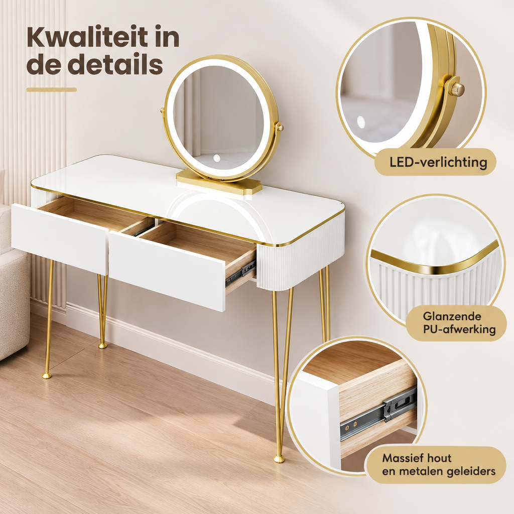 Detail van materiaal en afwerking van kaptafel met spiegel en verlichting