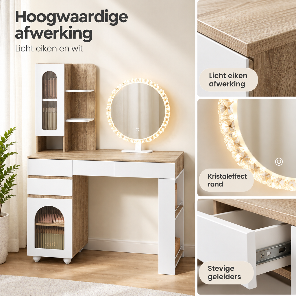 Detail van materiaal en afwerking van kaptafel met spiegel en verlichting