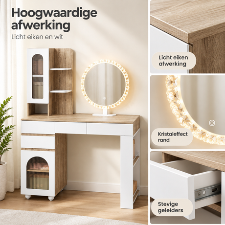 Detail van materiaal en afwerking van kaptafel met spiegel en verlichting