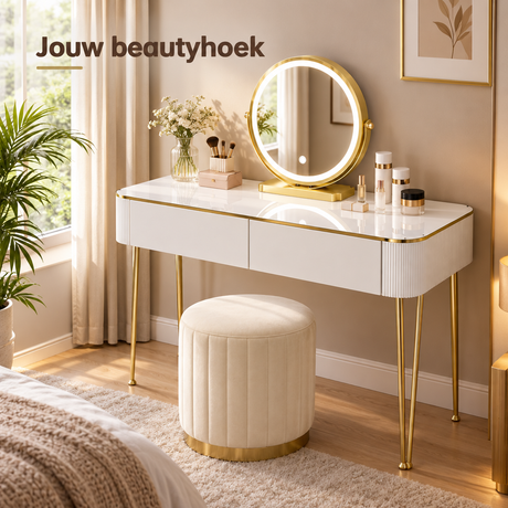 Witte kaptafel met spiegel, verlichting en twee laden, ontworpen door BukkitBow voor een stijlvolle slaapkamer inrichting.