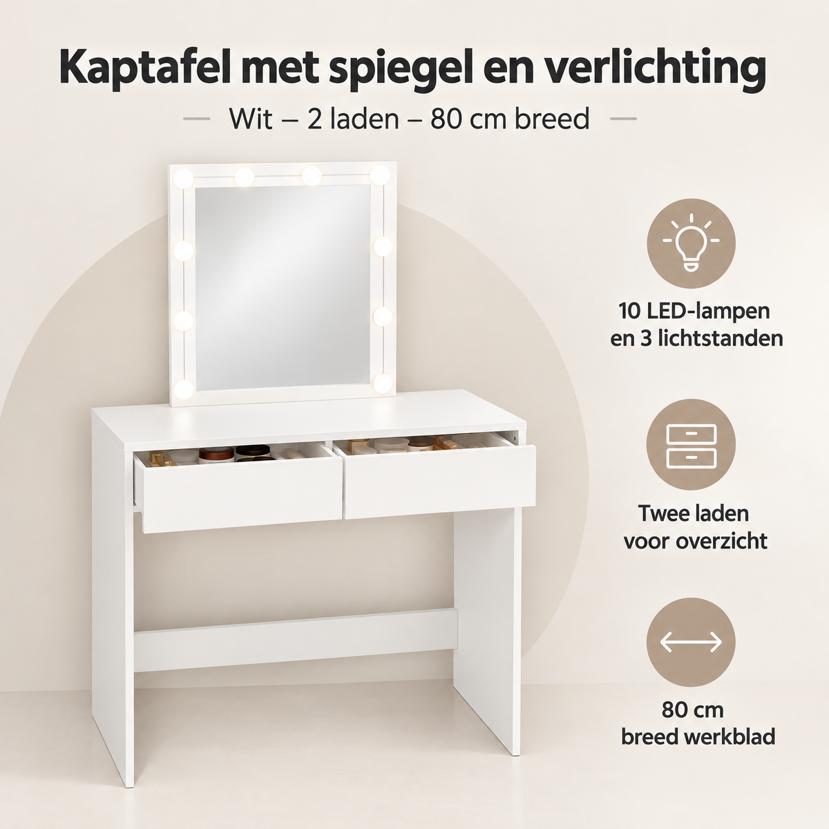 Overzicht van kaptafel met spiegel en verlichting met de belangrijkste productvoordelen