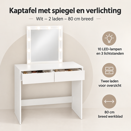Overzicht van kaptafel met spiegel en verlichting met de belangrijkste productvoordelen