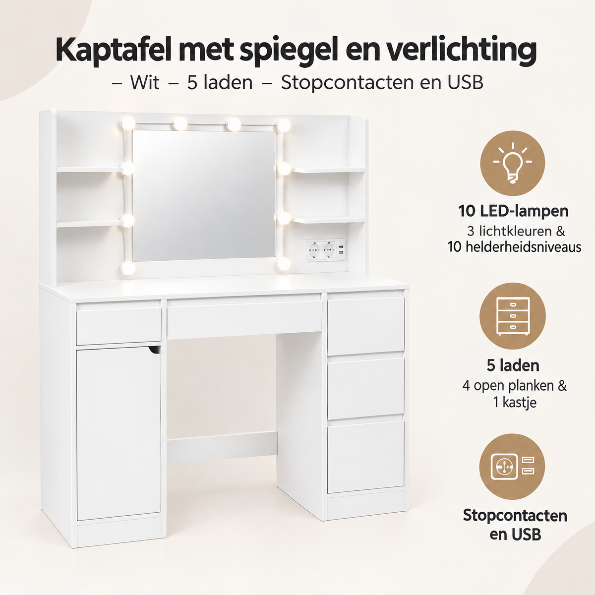 Overzicht van kaptafel met spiegel en verlichting met de belangrijkste productvoordelen
