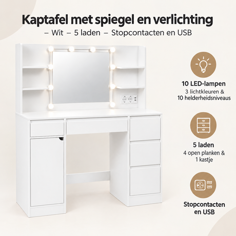 Overzicht van kaptafel met spiegel en verlichting met de belangrijkste productvoordelen