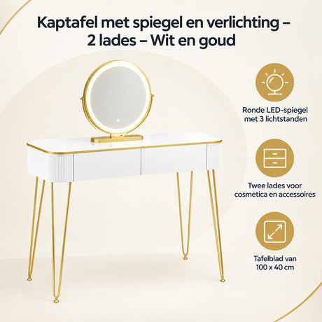 Witte kaptafel met spiegel, verlichting en twee lades, van BukkitBow, stijlvolle slaapkamermeubel met goudaccenten