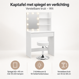 Overzicht van kaptafel met spiegel en verlichting met de belangrijkste productvoordelen