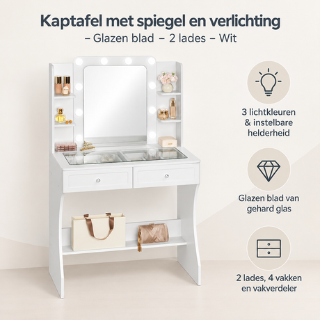 Overzicht van kaptafel met spiegel en verlichting met de belangrijkste productvoordelen