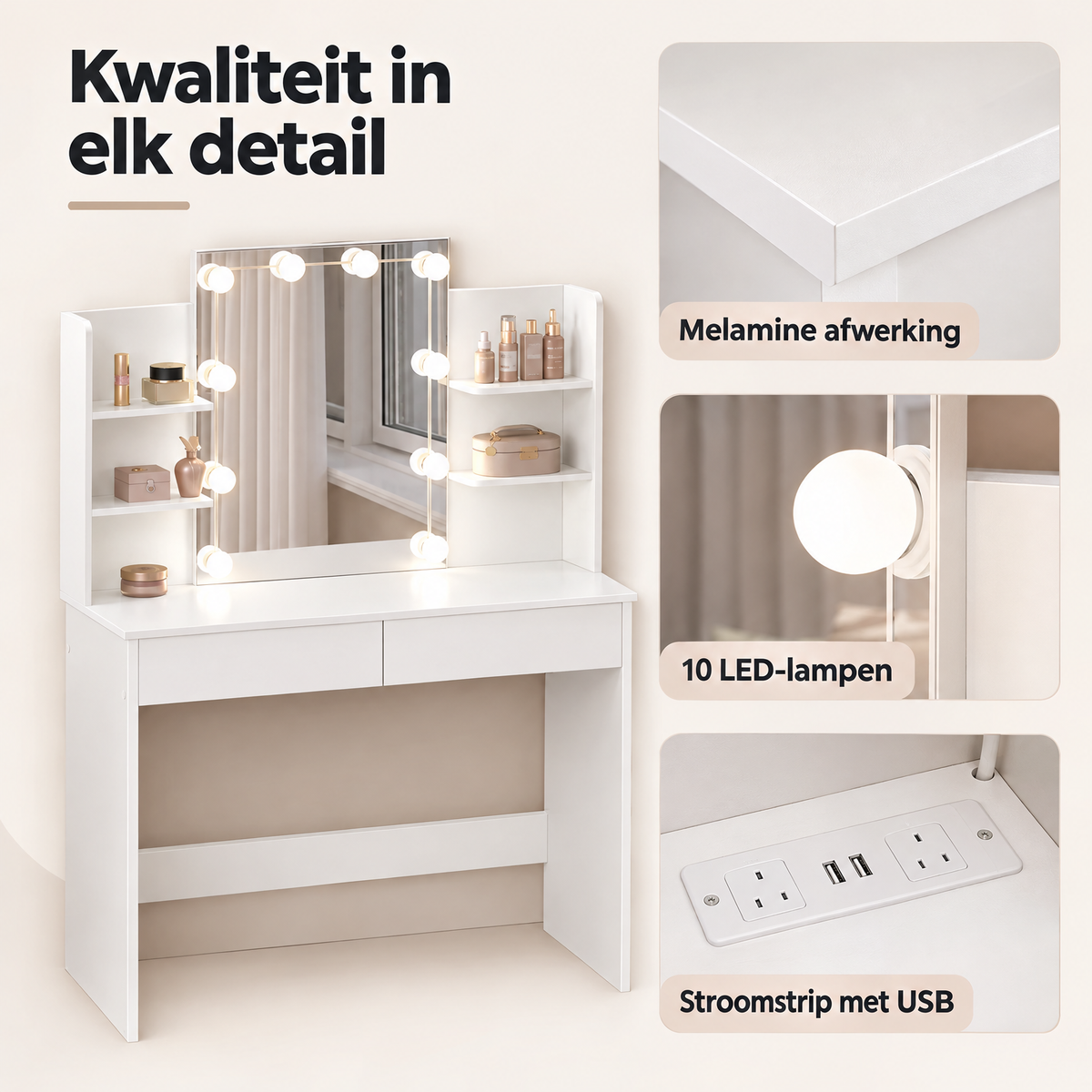 Detail van materiaal en afwerking van kaptafel met stopcontact