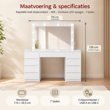 Afmetingen en productspecificaties van kaptafel met stopcontact