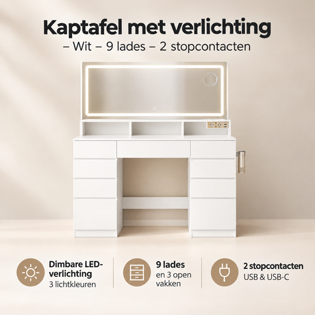 Overzicht van kaptafel met verlichting met de belangrijkste productvoordelen