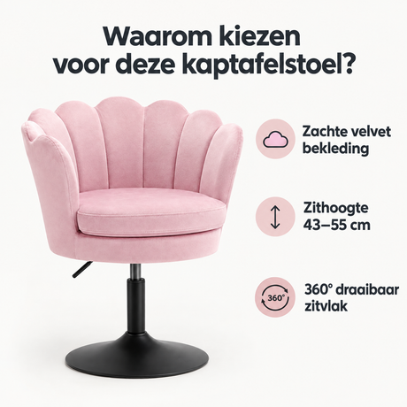 Velvet bloemvormige kaptafelstoel van BukkitBow, 360° draaibaar, zithoogte 43-55 cm, elegante en comfortabele stoel voor make-up.