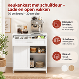 BukkitBow keukenkast met schuifdeur, 70 cm breed, 30 cm diep, met lade en open vakken voor praktische keukenopbergruimte.