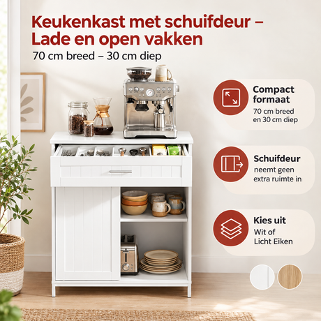 BukkitBow keukenkast met schuifdeur, 70 cm breed, 30 cm diep, met lade en open vakken voor praktische keukenopbergruimte.