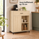 BukkitBow keukenkast met schuifdeur, lade en open vakken, 70 cm breed en 30 cm diep, in een moderne keuken setting