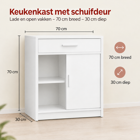 BukkitBow keukenkast met schuifdeur, 70 cm breed en 30 cm diep, met lade en open vakken voor keukenopslag.