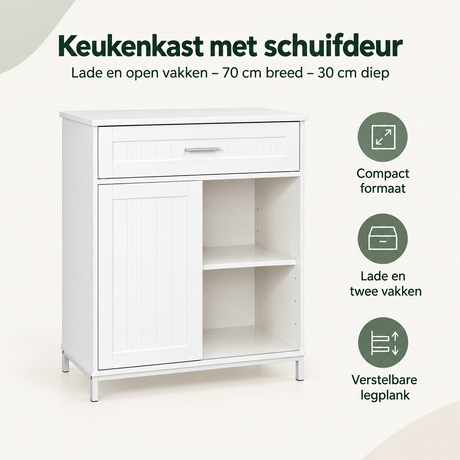 BukkitBow keukenkast met schuifdeur, 70 cm breed, 30 cm diep, met lade en open vakken, overzicht van kernvoordelen