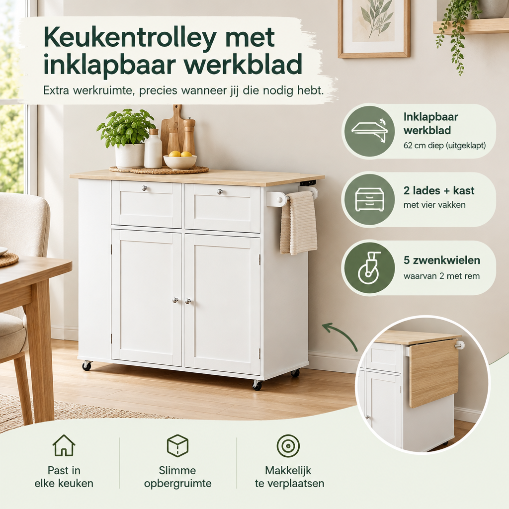 Praktische toepassing en keuzehulp voor keukentrolley met inklapbaar werkblad