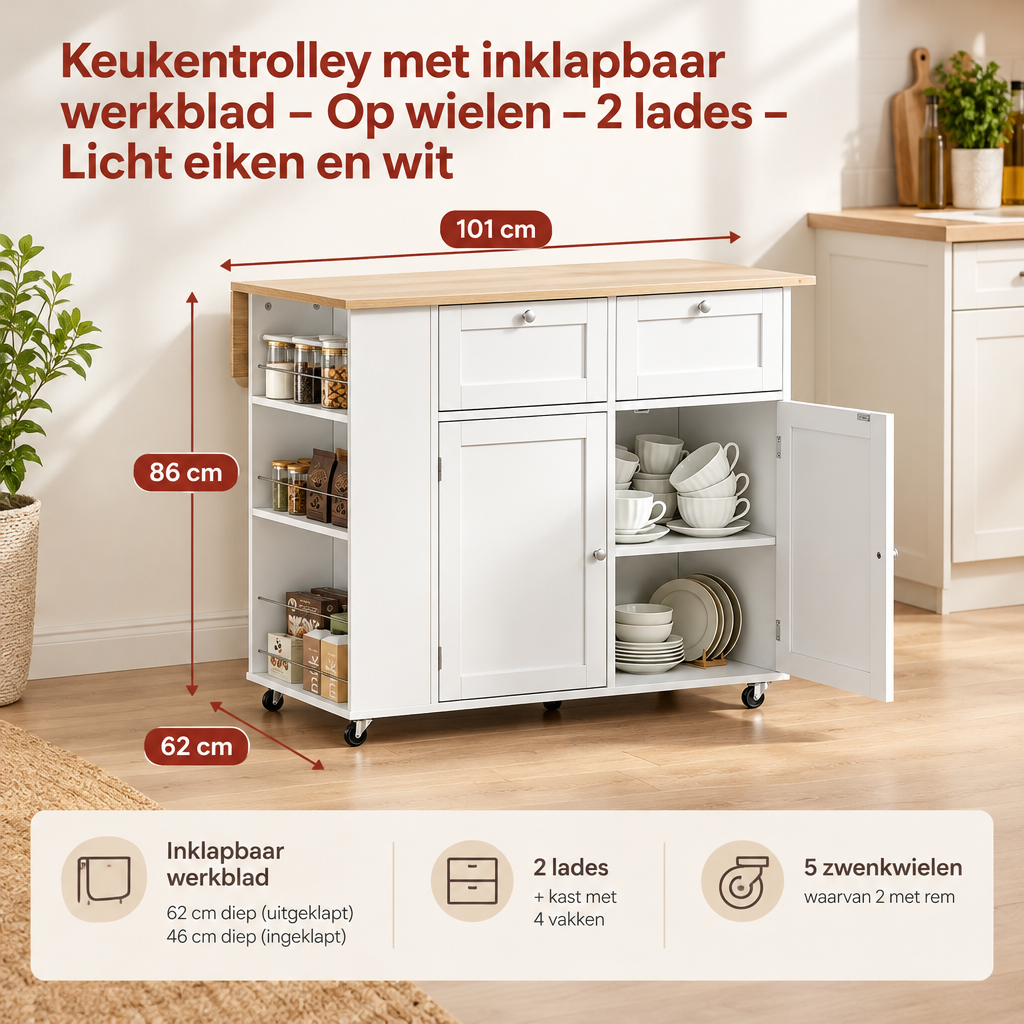 Afmetingen en productspecificaties van keukentrolley met inklapbaar werkblad