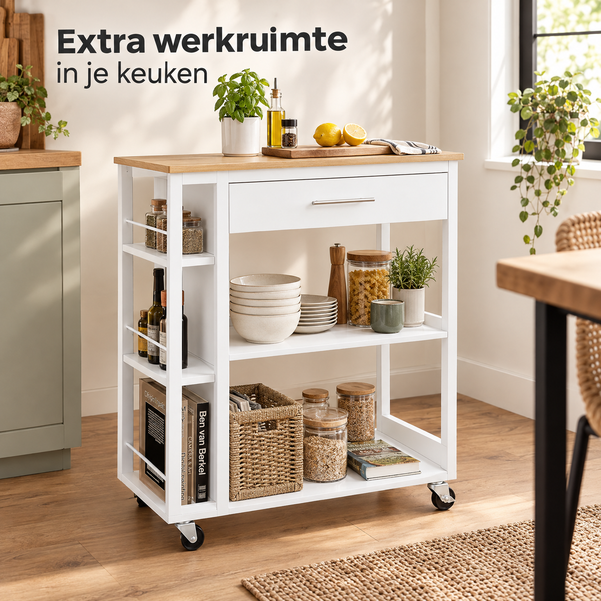 keukentrolley met werkblad in gebruik in een passende praktijksituatie