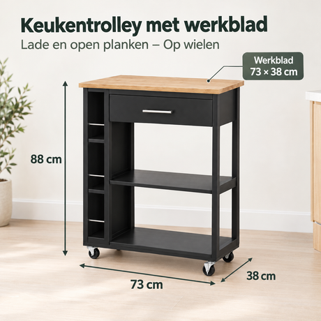 Afmetingen en productspecificaties van keukentrolley met werkblad
