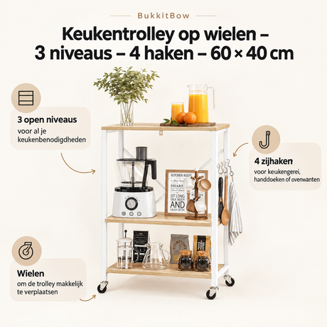 BukkitBow keukentrolley op wielen met 3 niveaus en 4 haken, afmetingen 60x40 cm, ideaal voor keukenorganisatie.