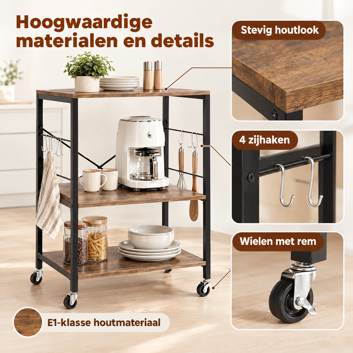 Detail van materiaal en afwerking van keukentrolley op wielen