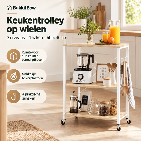 BukkitBow keukentrolley op wielen met 3 niveaus en 4 haken, praktische opslag voor in de keuken, 60x40 cm.