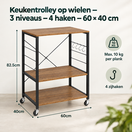 BukkitBow keukentrolley op wielen met 3 niveaus en 4 haken, afmetingen 60x40 cm, ideaal voor keukenorganisatie