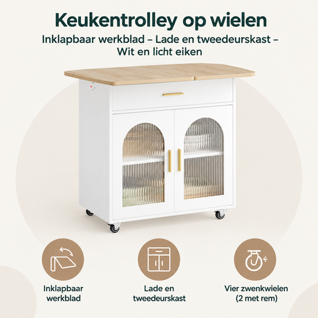 Overzicht van keukentrolley op wielen met de belangrijkste productvoordelen