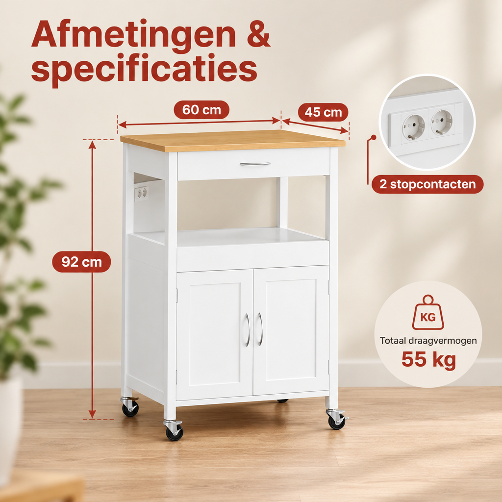 Afmetingen en productspecificaties van keukenwagen met stopcontact