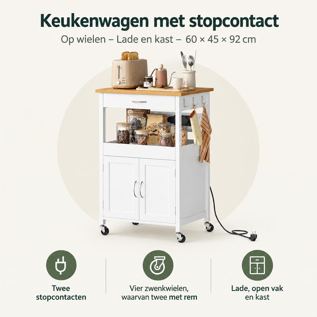Overzicht van keukenwagen met stopcontact met de belangrijkste productvoordelen