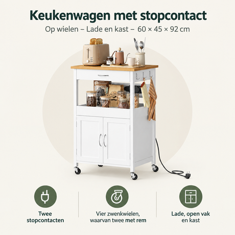 Overzicht van keukenwagen met stopcontact met de belangrijkste productvoordelen