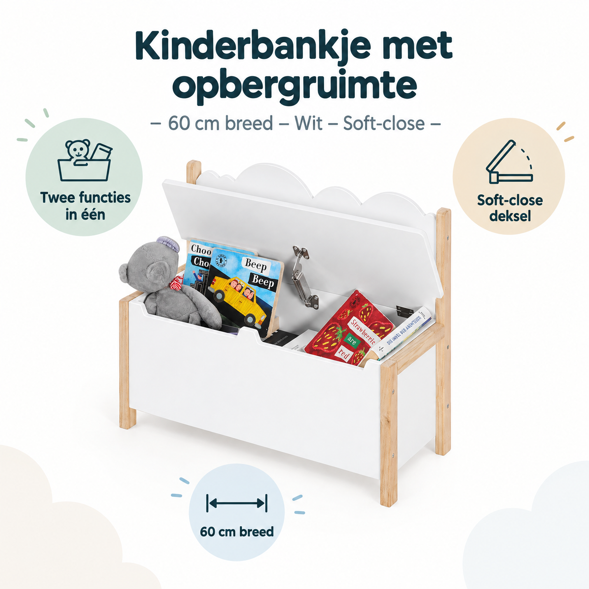 Wit kinderbankje met opbergruimte van BukkitBow, 60 cm breed, zacht sluitend deksel, geschikt voor kinderen.