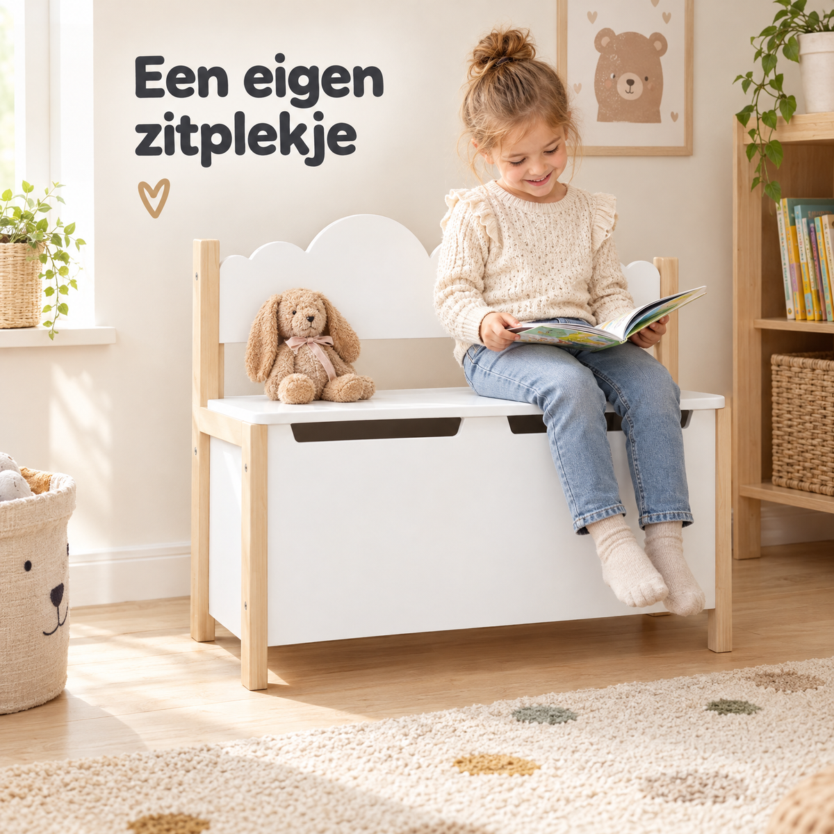Wit kinderbankje met opbergruimte, 60 cm breed, zacht sluitmechanisme, geschikt voor kinderkamers, van BukkitBow.