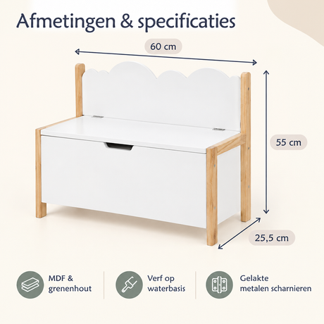 Wit kinderbankje met opbergruimte en rugleuning van BukkitBow, afmetingen 60x25,5x55 cm, geschikt voor jonge kinderen
