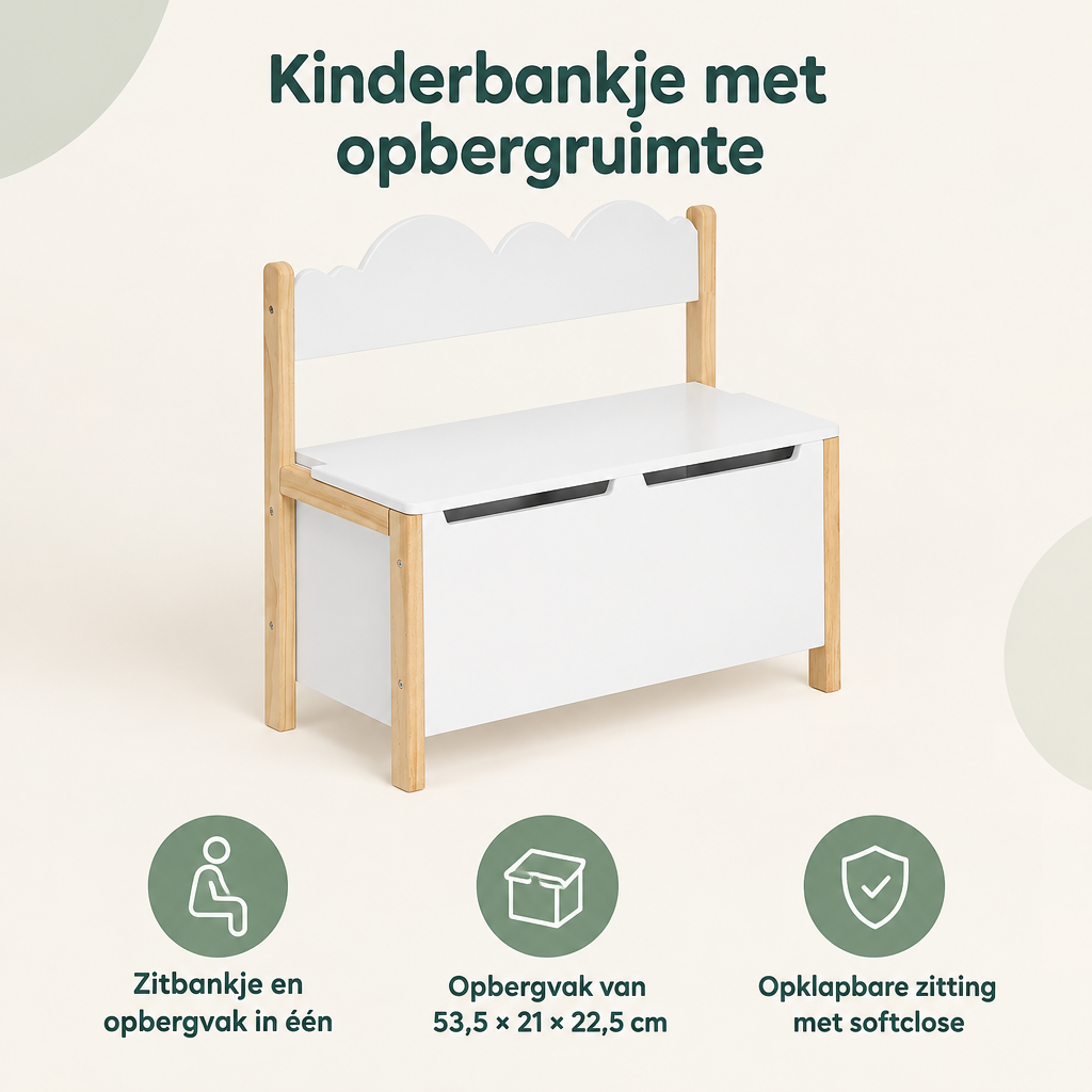 Overzicht van kinderbankje met opbergruimte met de belangrijkste productvoordelen