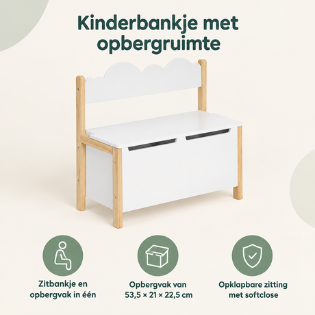 Kinderbankje met opbergruimte van BukkitBow, wit, met rugleuning, afmetingen 60x25,5x55 cm, geschikt voor kinderen.