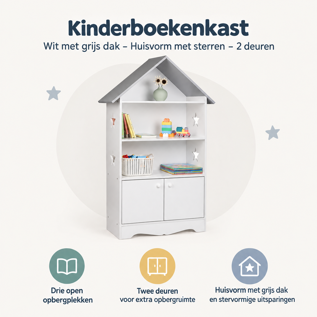 Overzicht van kinderboekenkast met de belangrijkste productvoordelen